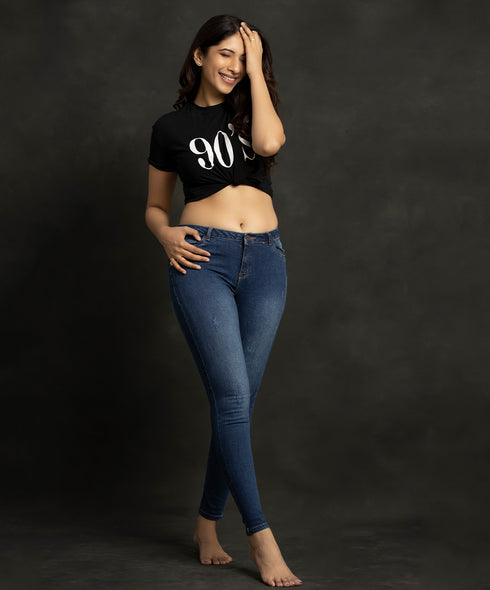 Mid Waist Shredded Dark Blue Jean